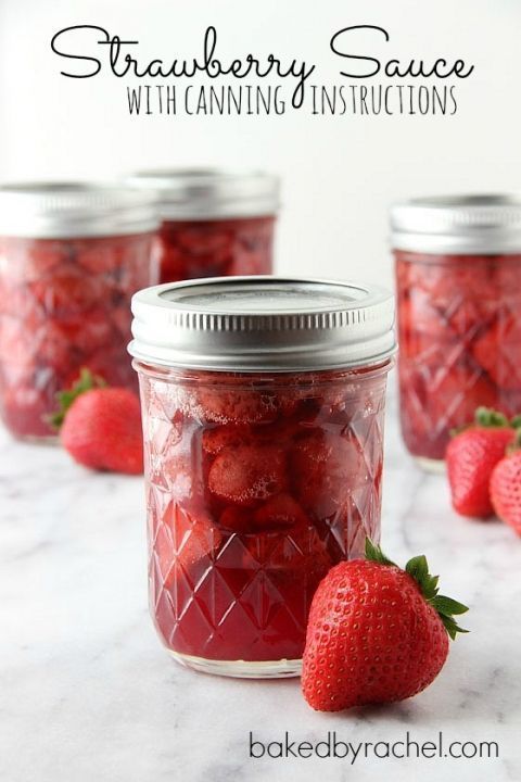 strawberry sauce with canning instructions in mason jars