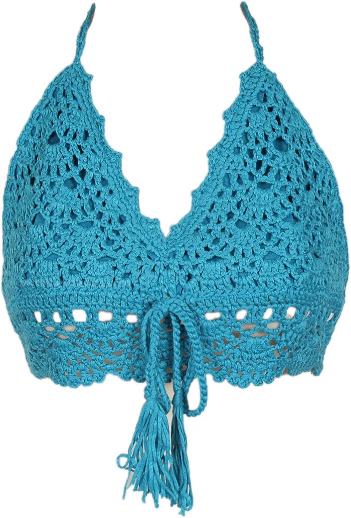 A crochet bohemian sleeveless bralette top with tassels in the center front and a comfortable lining.  A great one to pair with bohemian style bottoms that reflect free and happy vibes. #tlb #Sleeveless #CrochetClothing #beachwrap #BlueBraTop Blue Beach Tops With Tassel Ties, Blue Tops With Tassel Ties For The Beach, Bohemian Lace Crop Top For Beach, Bohemian Lace Crop Top, Bohemian Lace Crop Top For Festival, Bohemian Summer Halter Top, Bohemian Halter Top For Summer, Bohemian Cropped Lace Crochet Top, Summer Beach Lace Crop Top