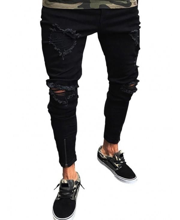 Buy Stretchy Ripped Zipper Hem Jeans - Black - 3J70235616 online, fidn many other Men's Jeans Knee Hole Jeans, Denim Jeans Ripped, Black Jeans Men, Zipper Jeans, Biker Jeans, Jeans Casual, Destroyed Jeans, Printed Jeans, Mens Joggers