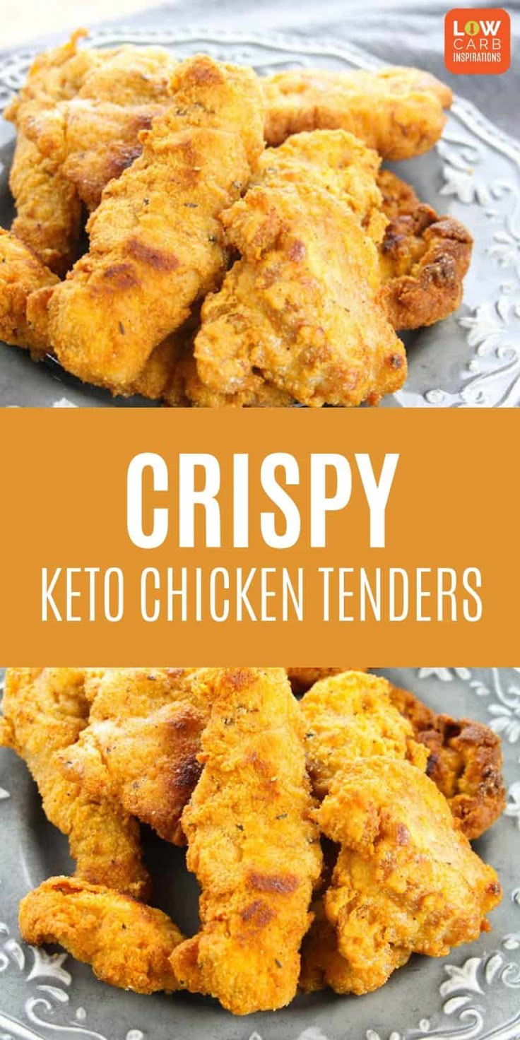 crispy keto chicken tenders on a plate with text overlay that reads crispy keto chicken tenders