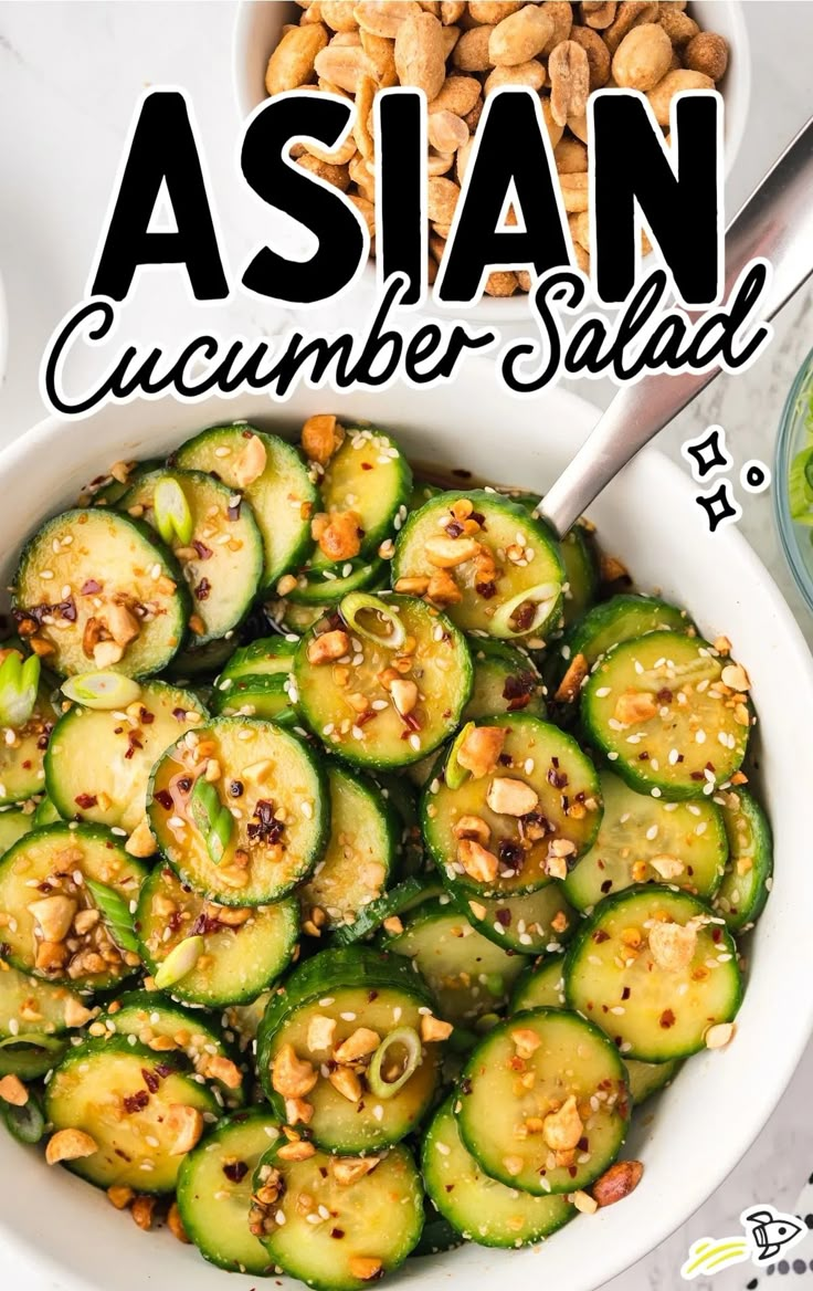 a close-up shot of Asian Cucumber Salad in a bowl Different Cucumber Salads, Egg And Cucumber Salad, Easy Thai Side Dishes, Asian Zucchini Salad, Pickled Salad Recipes, Jalapeno Cucumber Salad, Peanut Sauce Cucumber Salad, Cucumber Ginger Salad, Japanese Cucumber Salad Vinegar