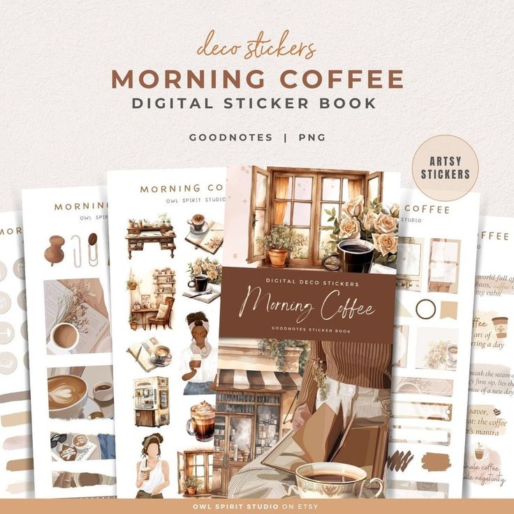 the morning coffee digital sticker book is open and ready to be used on your phone