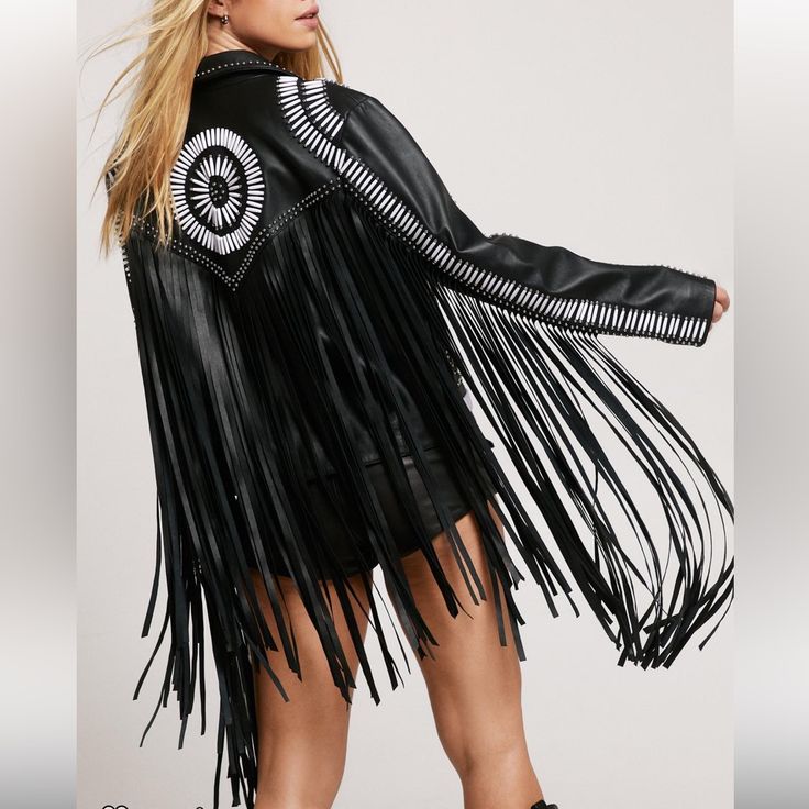 Get This Jacket To Be Instantly Ready For Festival Season!!! This Gorgeous Bead And Fringe Detail Moto Jacket Is So Stunning Yet Lightweight Despite All Of The Details!!!!! Fully Lined And Three Working Zippers.. So Totally Cool!!! 100% Leather.. See Photos For Size Information Has An Oversized Fit .. Chic Festival Outerwear With Fringe, Chic Fringe Outerwear For Festivals, Winter Festival Outerwear With Beaded Fringe, Edgy Embellished Long Sleeve Outerwear, Long Sleeve Outerwear With Beaded Fringe For Spring, Beaded Fringe Long Sleeve Outerwear For Spring, Black Long Sleeve Leather Jacket For Festival, Spring Embellished Leather Jacket With Long Sleeves, Black Leather Jacket With Long Sleeves For Festivals