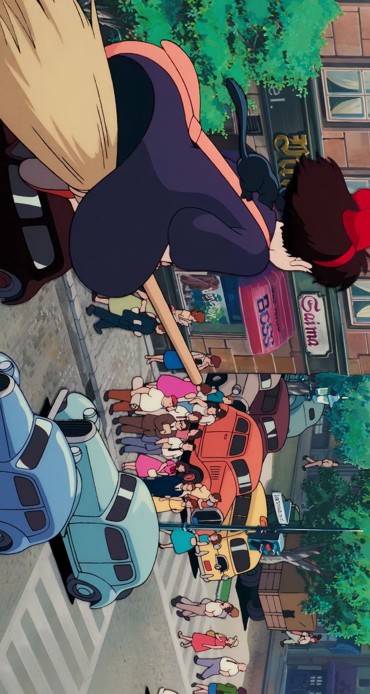 an anime scene with many people standing on the street and cars parked in front of them