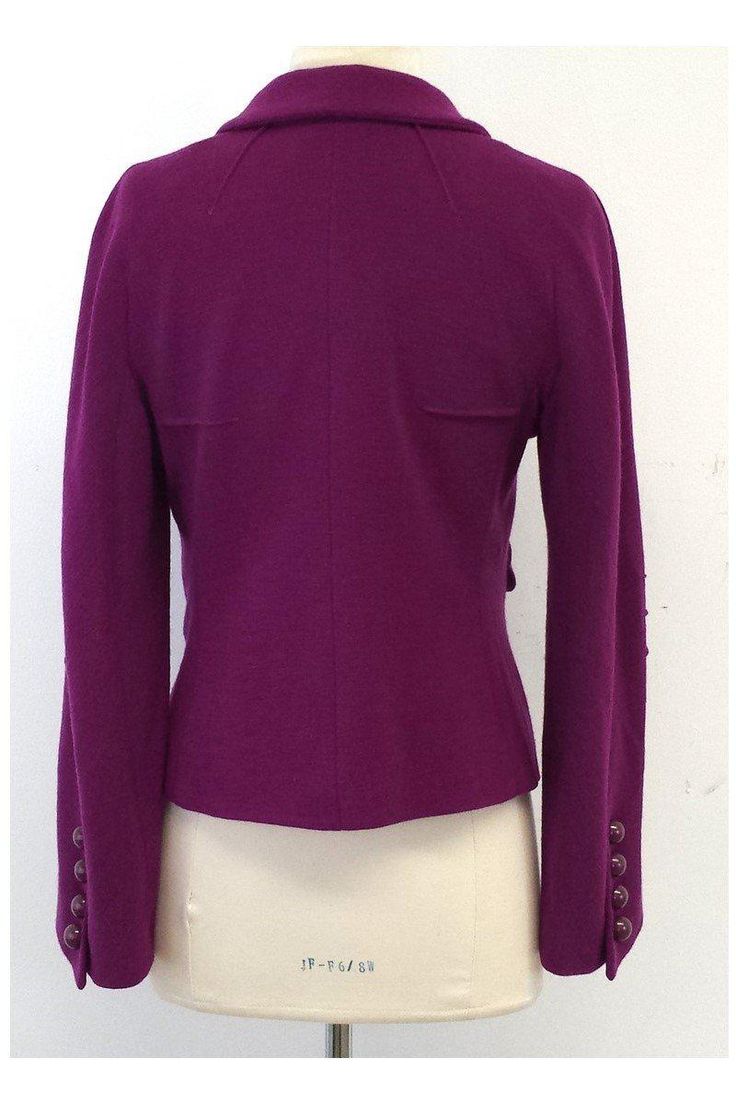 Size 8 FR 40 Magenta Knit Jacket Body 90% Wool 9% Polyamide 1% Elastane Lining 100% Silk Made in France Buttons on front Pleating on shoulders Welted pockets Waist 33" Shoulder to hem 22" Fitted Wool Cardigan With Button Cuffs, Fitted Wool Sweater With Button Cuffs, Fitted Winter Cardigan For Office, Stretch Outerwear With Button Closure For Work, Fitted Long Sleeve Sweater For Office, Fitted Fall Office Sweater, Fitted Wool Sweater With Pockets, Fitted Long Sleeve Sweater With Pockets, Fitted Single-breasted Winter Sweater