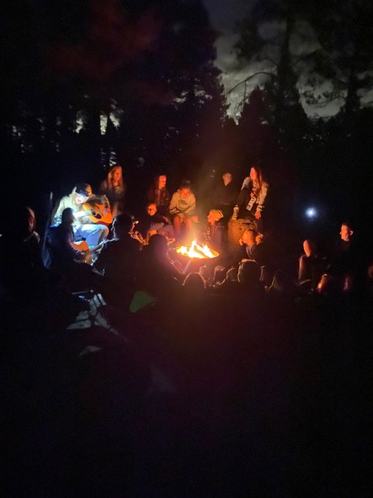 a group of people sitting around a campfire in the dark with their lights on