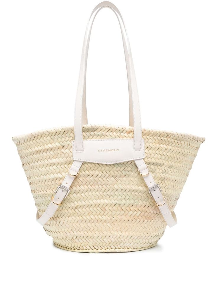 ivory white/optical white straw/leather interwoven design embossed logo to the front internal logo plaque open top two long top handles main compartment Givenchy Tote Bag, Raffia Basket, Raffia Tote Bag, Vacation Bag, Woven Raffia, Basket Bag, Open Top, Ivory White, Embossed Logo