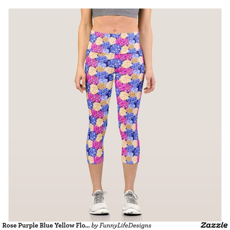 Rose Purple Blue Yellow Floral Pattern Cute Flower Capri Leggings Pretty Leggings, Rose Purple, Cute Rose, Cute Leggings, Cute Flower, Yoga Wear, Capri Leggings, Yellow Floral, Printed Leggings