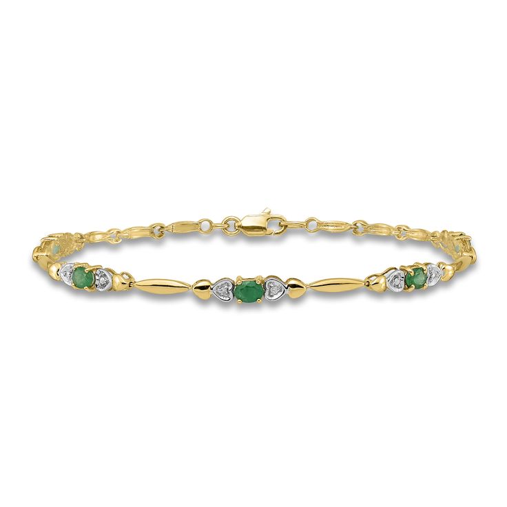 Mesmerizing oval-cut natural emerald gemstones are flanked by shimmering round diamond accents within heart-shaped settings in this meaningful women's bracelet. Fashioned in 14K yellow gold, the 7-inch bracelet secures in place with a lobster clasp. Eternity Bracelet, Gold Book, Bracelet Diamond, Emerald Bracelet, Jared The Galleria Of Jewelry, Emerald Stone, Gold Price, Bracelet Clasps, Emerald Gemstone