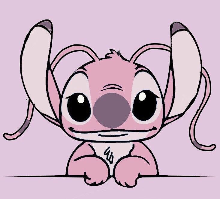 a pink cartoon animal with big eyes sitting down and looking at the camera, on a purple background