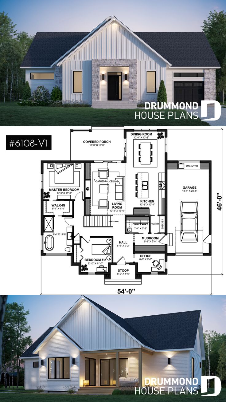 two story house plan with 3 car garage and living room in the middle, one bedroom on