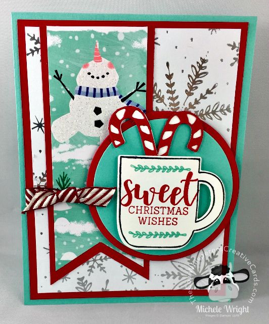 a christmas card with a cup of coffee and a snowman