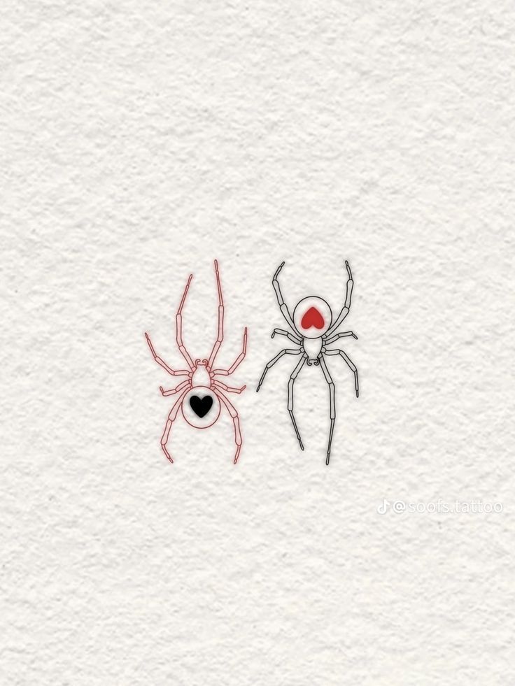 two spider's on white paper with one red and one black in the middle