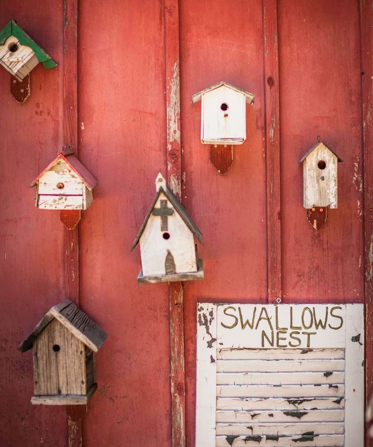 several bird houses are hanging on a red wall