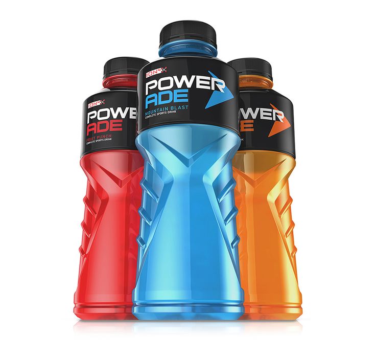 three bottles of powerade are lined up in the same color as each one is red, orange, and blue