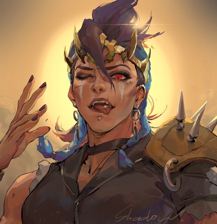 an image of a woman with horns on her head and nails in her hair, holding out her hand