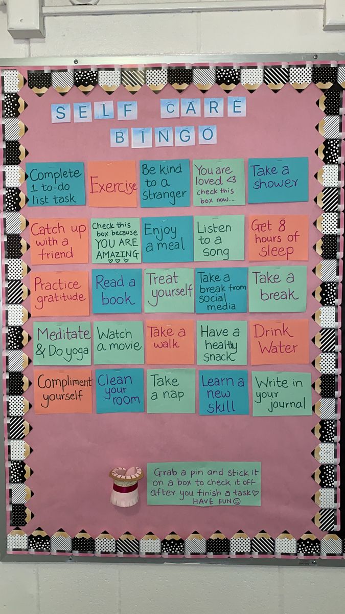 a bulletin board with words and pictures on it that say self care, bingo