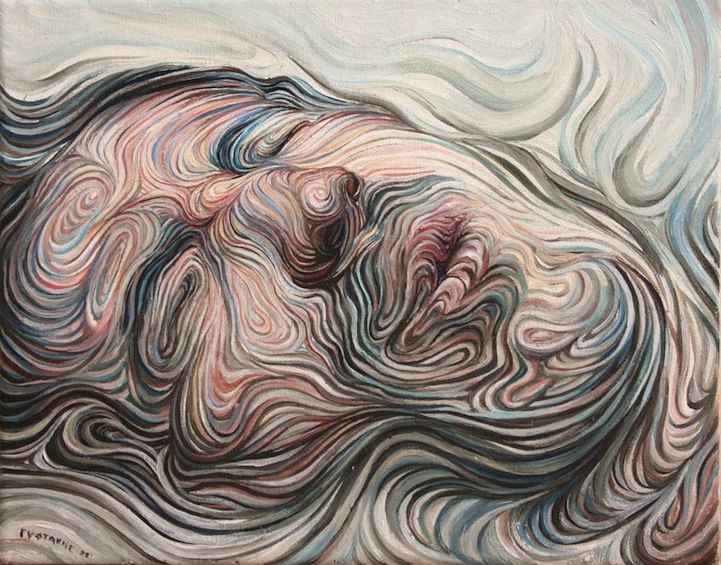 an abstract painting with wavy lines on it