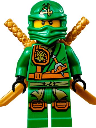 the lego ninja is holding two swords in one hand and wearing a green helmet with gold accents