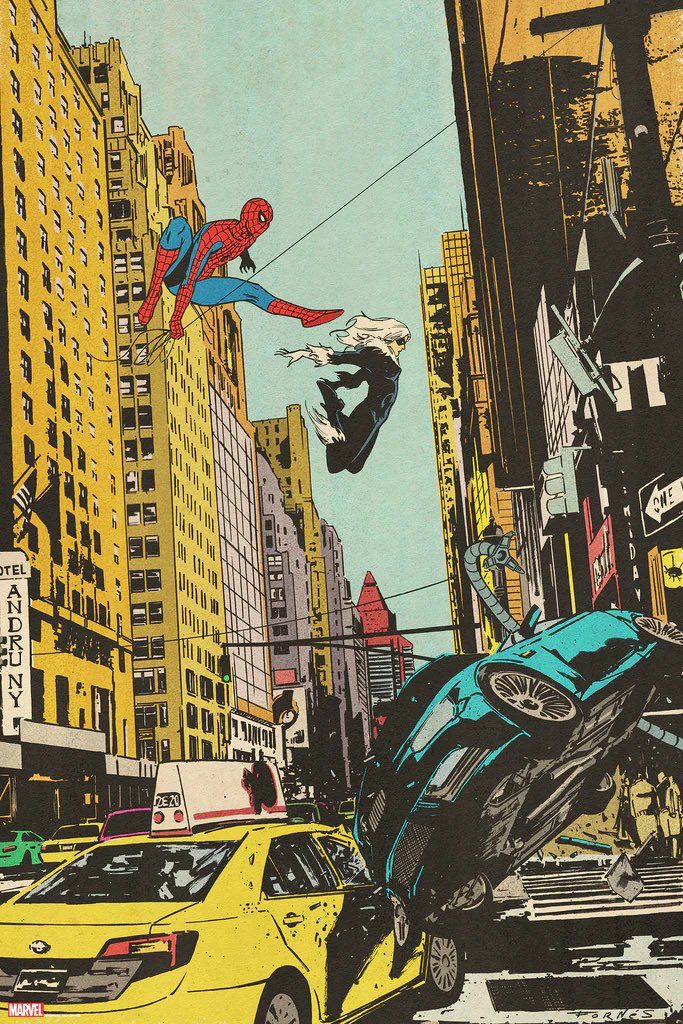 an image of a spider man flying through the air over cars and people on a city street