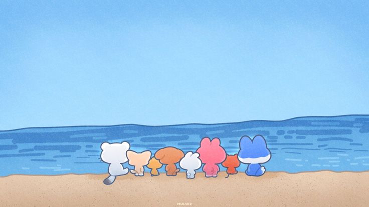 there are five cartoon characters standing in the sand on the beach by the water's edge