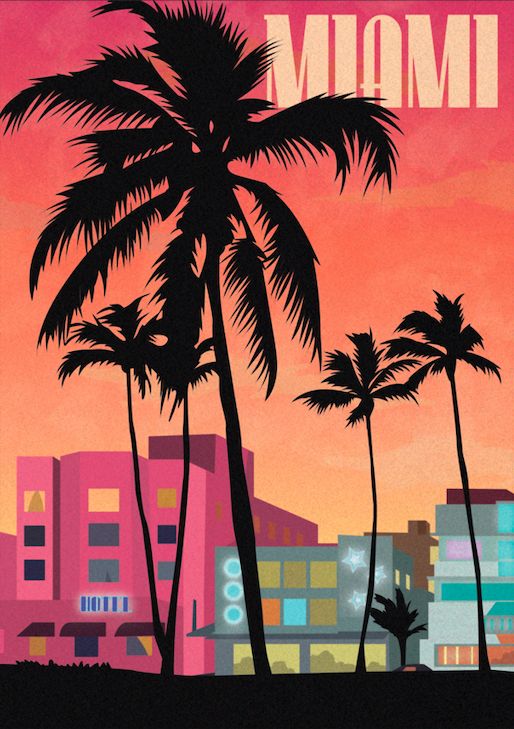 a poster with palm trees in the foreground and an orange sky behind it that says miami