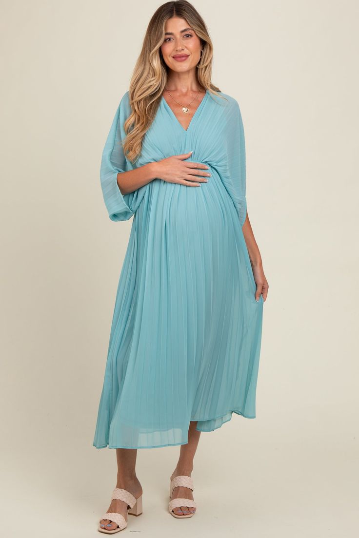 Blue Pleated V Neck Maternity Maxi Dress Blue Maternity Dress For Spring Wedding, Spring Blue Maternity Dress For Wedding, Spring Wedding Maternity Dress In Blue, Spring Wedding Blue Maternity Dress, Maternity Chiffon V-neck Dresses, Chiffon Maternity Dress With V-neck, Chiffon Maternity V-neck Dresses, Spring Chiffon Maternity Dress, Maternity Maxi Dress