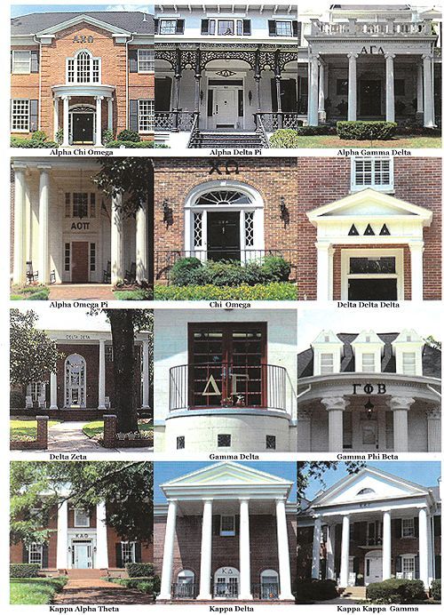 many different types of doors and windows in front of a house with columns on each side