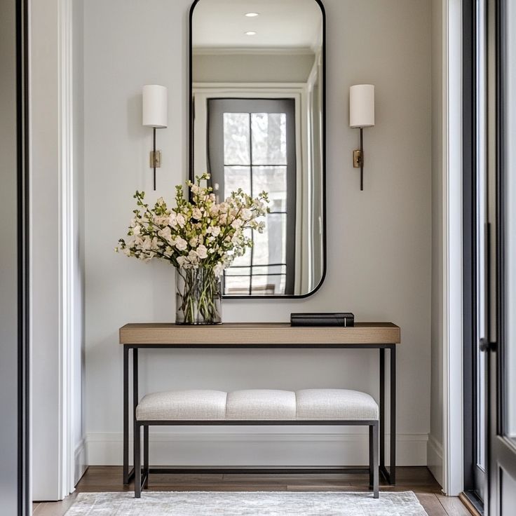 a mirror and bench in a hallway with flowers on the table, along with two lamps