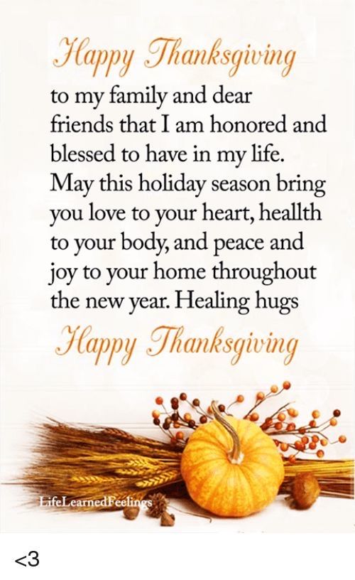 a thanksgiving card with an orange pumpkin and corn stalks on it, saying happy thanksgiving to my family and dear friends that i am