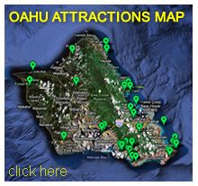 a map with green arrows pointing to locations in the middle of it and words that read, oahu attractions map click here