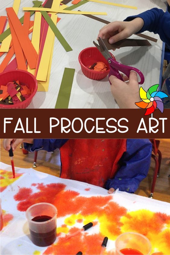 kids making art with paper and scissors on a table in front of the text fall process art