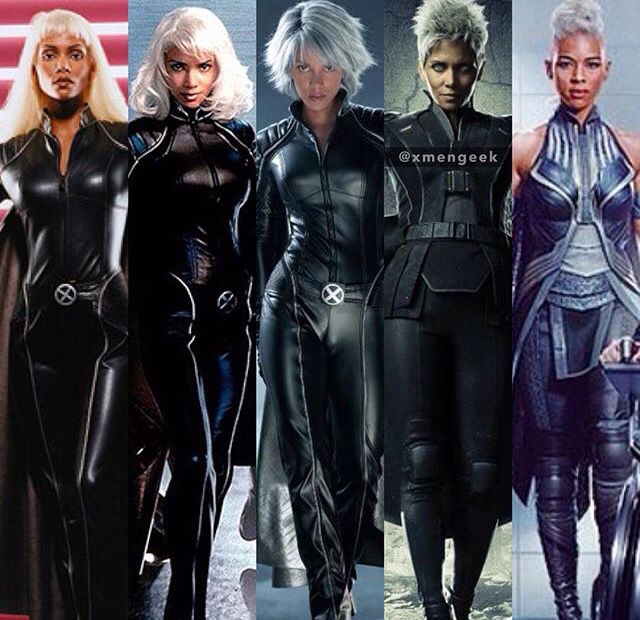 four different women in black catsuits, one with blonde hair and the other without