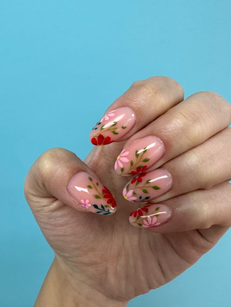 Pink And Red Spring Nails, Red And Green Flower Nails, Floral Valentines Nails, Green Nails Pink Flowers, Floral Red Nails, Red Floral Nail Designs, Pink And Red Flower Nails, Flower Bouquet Nails, Baby In Bloom Nails