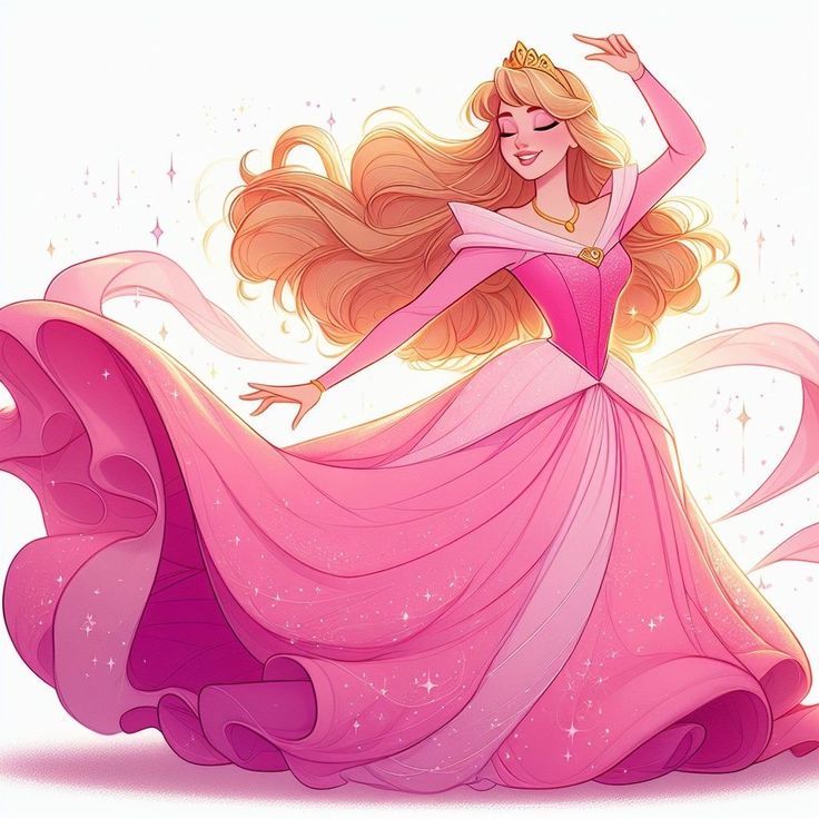 a drawing of a woman in a pink dress with long blonde hair wearing a tiara