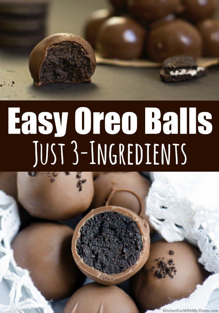 chocolate eggs with oreo balls in the background and text overlay that says easy oreo balls just 3 ingredients