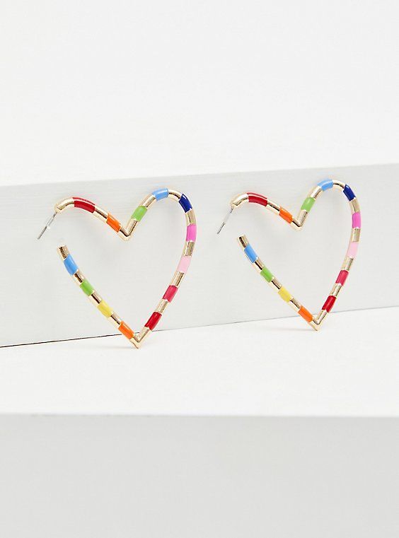 Let your love shine brightly with these heart hoop earrings that feature a rainbow enamel design. Post back. Base metal. Imported. The best plus size women's gold-tone & rainbow enamel heart hoop earrings in multi. Trendy Hoop Jewelry For Valentine's Day, Trendy Valentine's Day Hoop Jewelry, Trendy Colorful Jewelry With Heart Beads, Trendy Rainbow Heart-shaped Jewelry, Trendy Multicolor Enamel Earrings, Spring Heart-shaped Gold Jewelry, Multicolor Enamel Heart-shaped Jewelry, Heart-shaped Multicolor Metal Jewelry, Multicolor Heart-shaped Enamel Jewelry