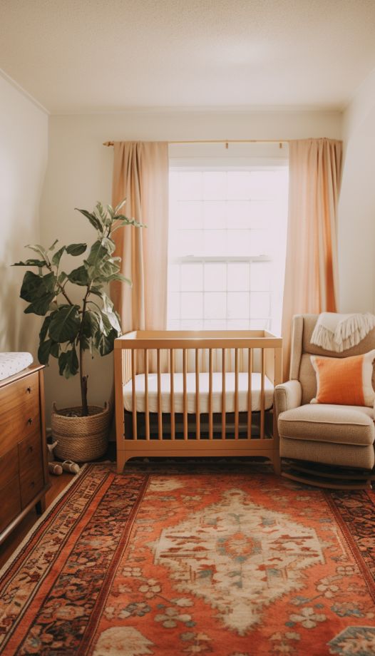 a baby's room with a crib, chair and rug