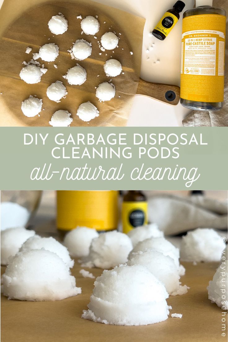 photos of a wood tray of diy garbage disposal cleaner pods next to citrus Castile soap and oils Garbage Disposal Cleaning Diy, Clean Garbage Disposal, Garbage Disposal Cleaning, Garbage Disposal Cleaner, Natural Cleaning Products Diy, Disposal Cleaner, Homemade Cleaning Supplies, Toxic Cleaning Products, Essential Oils Cleaning