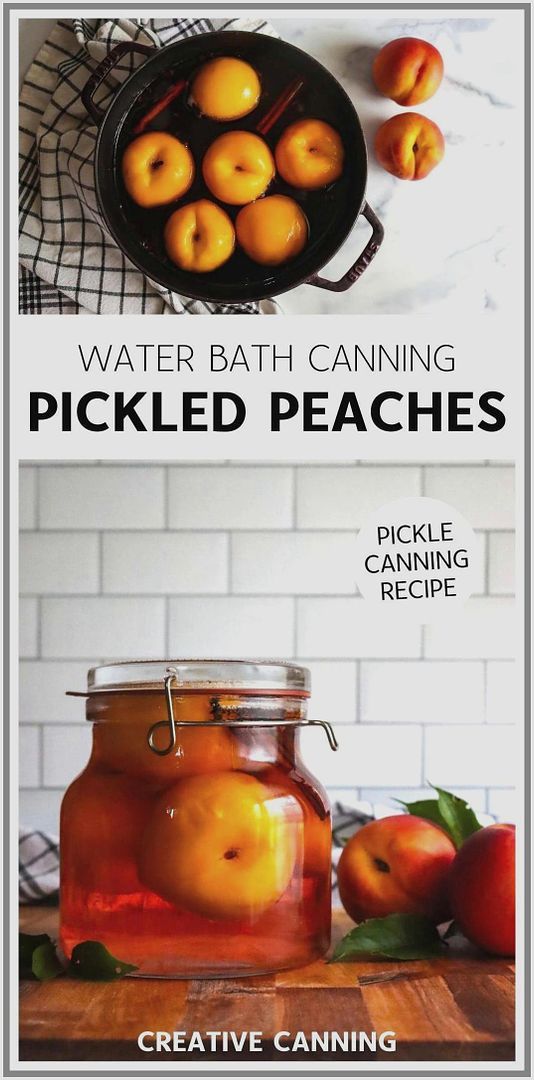 some apples are sitting in a jar on a table with the words water bath canning pickled peaches