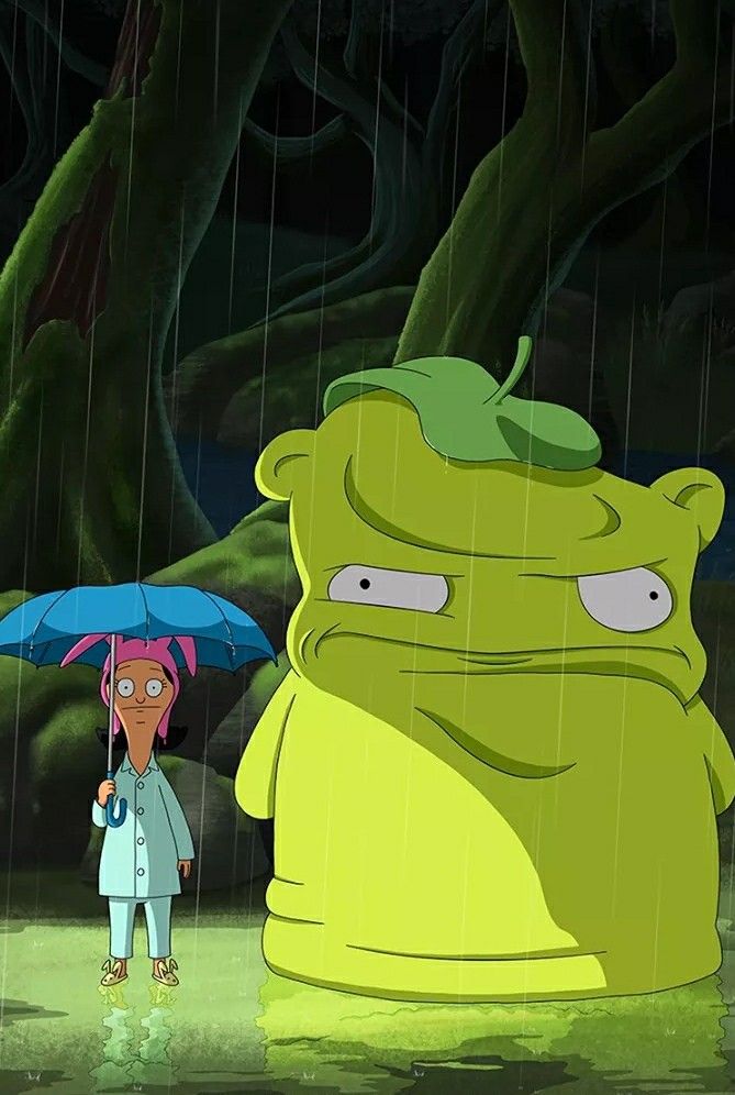 a cartoon character holding an umbrella next to a giant green monster in the rain with eyes wide open