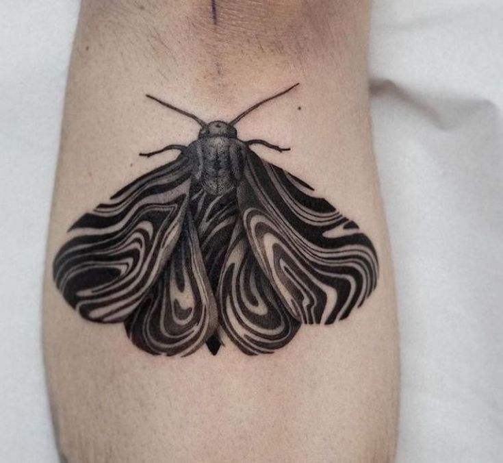 a black and white moth tattoo on the right leg, with an intricate pattern in it