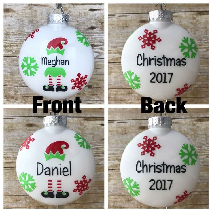 three christmas ornaments with names on them and the words front, back, and bottom