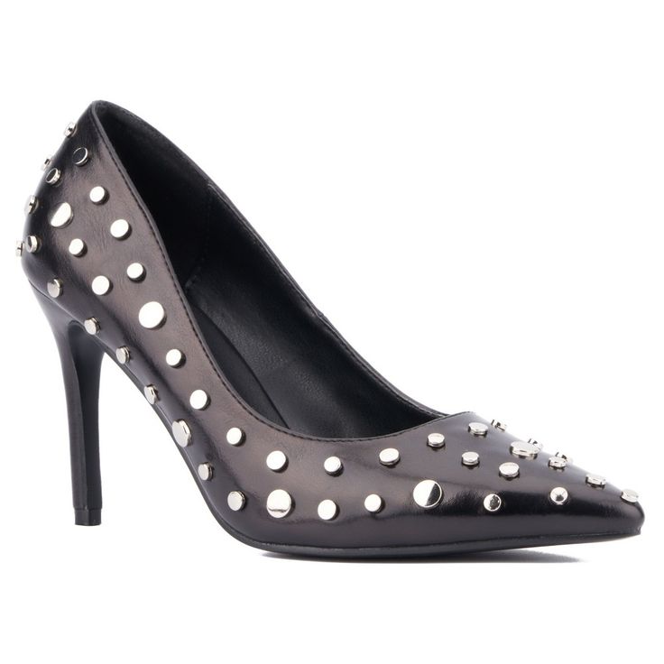 The Zoelle is a wardrobe staple with a twist. This pump is revamped with eye-catching metallic colors and striking metal stud details, bringing a modern edge to a classic design. Perfect for adding a touch of glamour to any outfit, the Zoelle combines elegance and boldness effortlessly. Whether you're dressing up for a special occasion or adding flair to your everyday look, this pump is your go-to choice for stylish sophistication. Black Pumps Heels, Closed Toe Shoes, Metal Detail, Faux Leather Heels, Kitten Heel Pumps, Pointed Toe Heels, Shoes Heels Pumps, Metallic Colors, Black Pumps