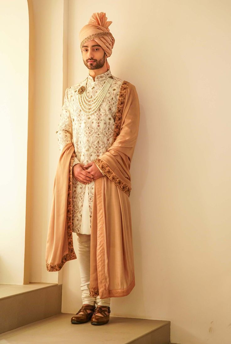 Jatin Malik-Ivory Ombre Jamawar Sherwani Set-INDIASPOPUP.COM Pearls Mala, Jatin Malik, Embroidered Sherwani, Wedding Outfits For Groom, Pearl Mala, Sherwani Groom, Dhoti Pants, Royal Look, Haldi Ceremony