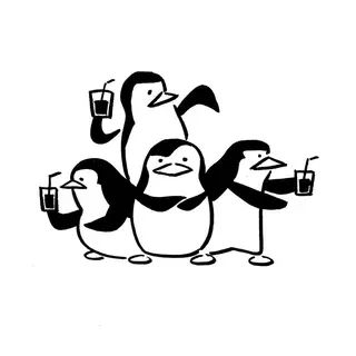 three penguins are standing next to each other with drinks in their hands and one penguin is holding