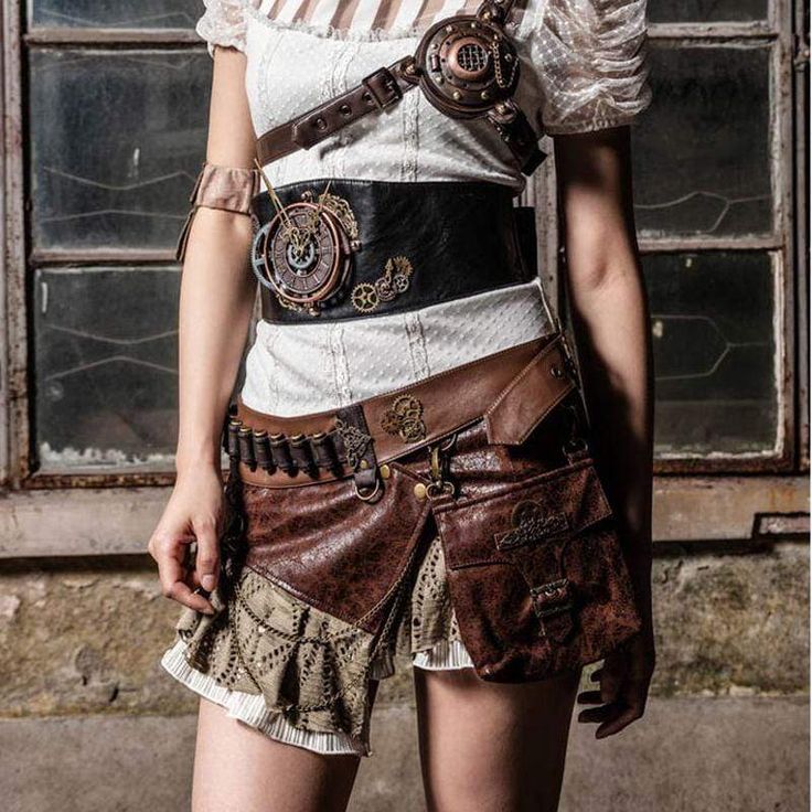 Material:Faux leather 
Color:Black;Brown 
Style:Steampunk 
Size:One size(Waist:104CM/40.94") 
 
Description:This broad leather belt has a clock parts ensemble right in the center. The eye-catching assembly contains the internal machine parts of a deconstructed clock complete with its hands. It has a button closure at the back.?? 
? Drow Rogue, Steam Punk Fashion, Steampunk Shorts, Waist Belt Women, Steampunk Top, Cyberpunk Clothes, Style Steampunk, Coffee Fashion, Waist Pouch