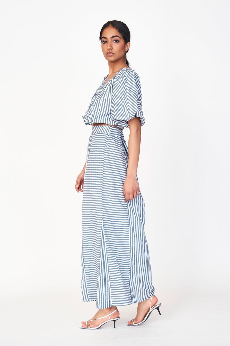 Maxi length skirt with paneling details Wide waistband with elastic back Lined in cotton 100% cotton, handloomed Made in India Pajama Robe, Wide Waistband, Body Size, Sweater Jacket, Shades Of Blue, Short Pants, Sweater Top, New Dress, Topshop