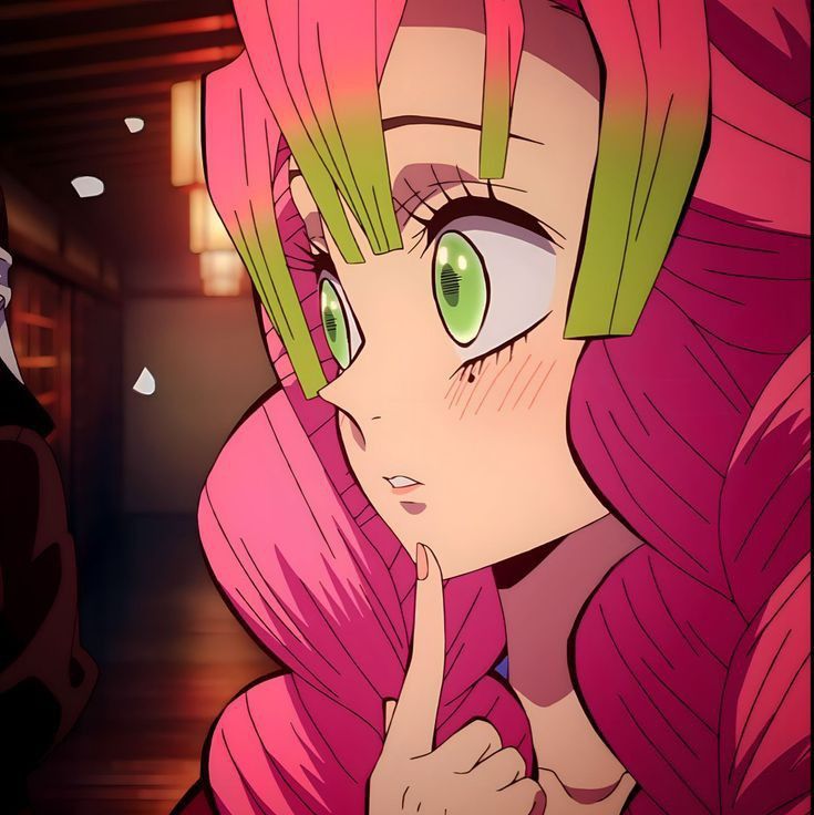 an anime character with pink hair and green eyes