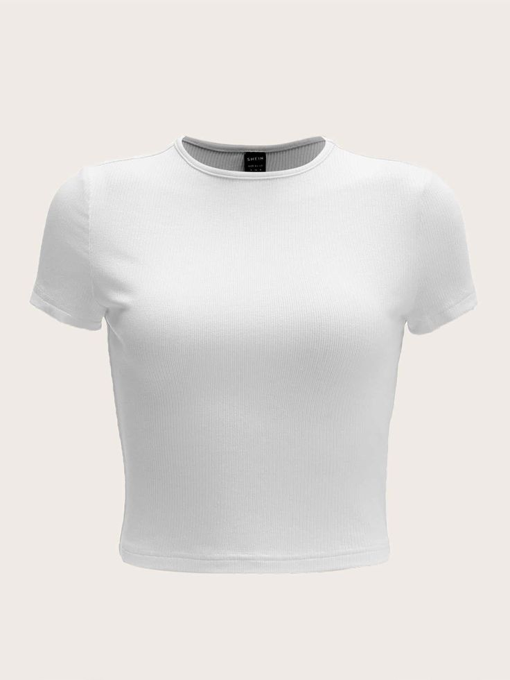 SHEIN Solid Rib-knit Tee Cute White Shirts, Plain White Top, White Tshirt Women, White Workout Top, Plain White Shirt, Plain White T Shirt, Cropped White Tee, White Tee Shirts, Casual Cap